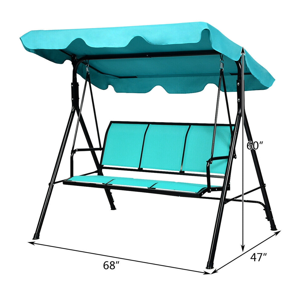 Side view of the outdoor patio three-person swing bench chair with canopy in blue, featuring a sturdy steel frame for.