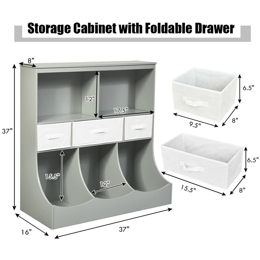 Freestanding gray storage cabinet with three baskets, two open shelves, and multiple storage options for toys and.