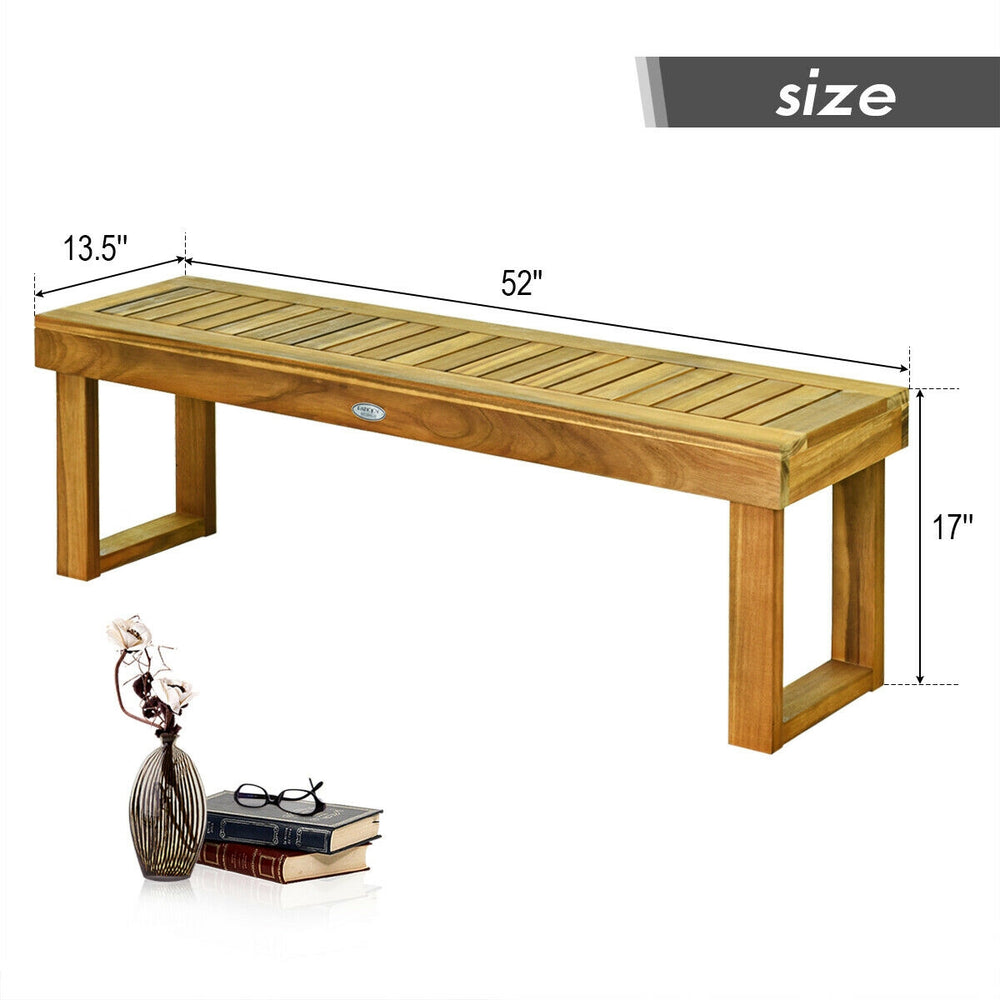 52-inch acacia wood dining bench with slatted seat, natural teak color, suitable for patio or indoor use.