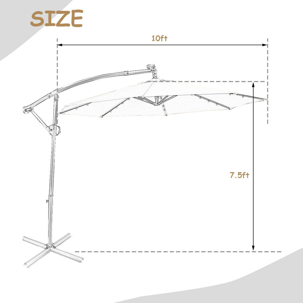 10 ft beige patio offset umbrella with 360° rotation, solar-powered LED lights, and weather-resistant fabric for.