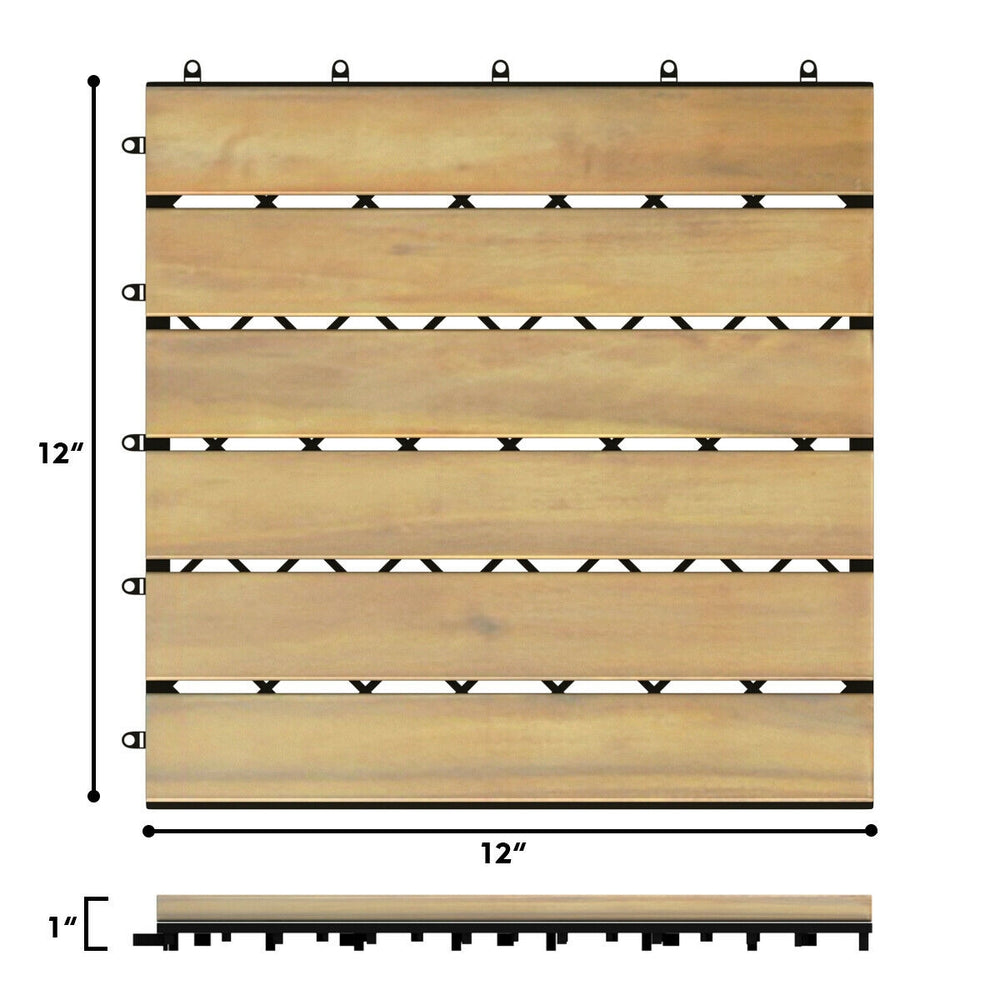 Acacia wood interlocking tile flooring, 12x12 inches, showcasing a durable design for garden, balcony, or poolside use.