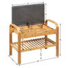 Bamboo shoe rack bench with storage shelf, ergonomic height, sturdy design, ideal for entryway or hallway use.
