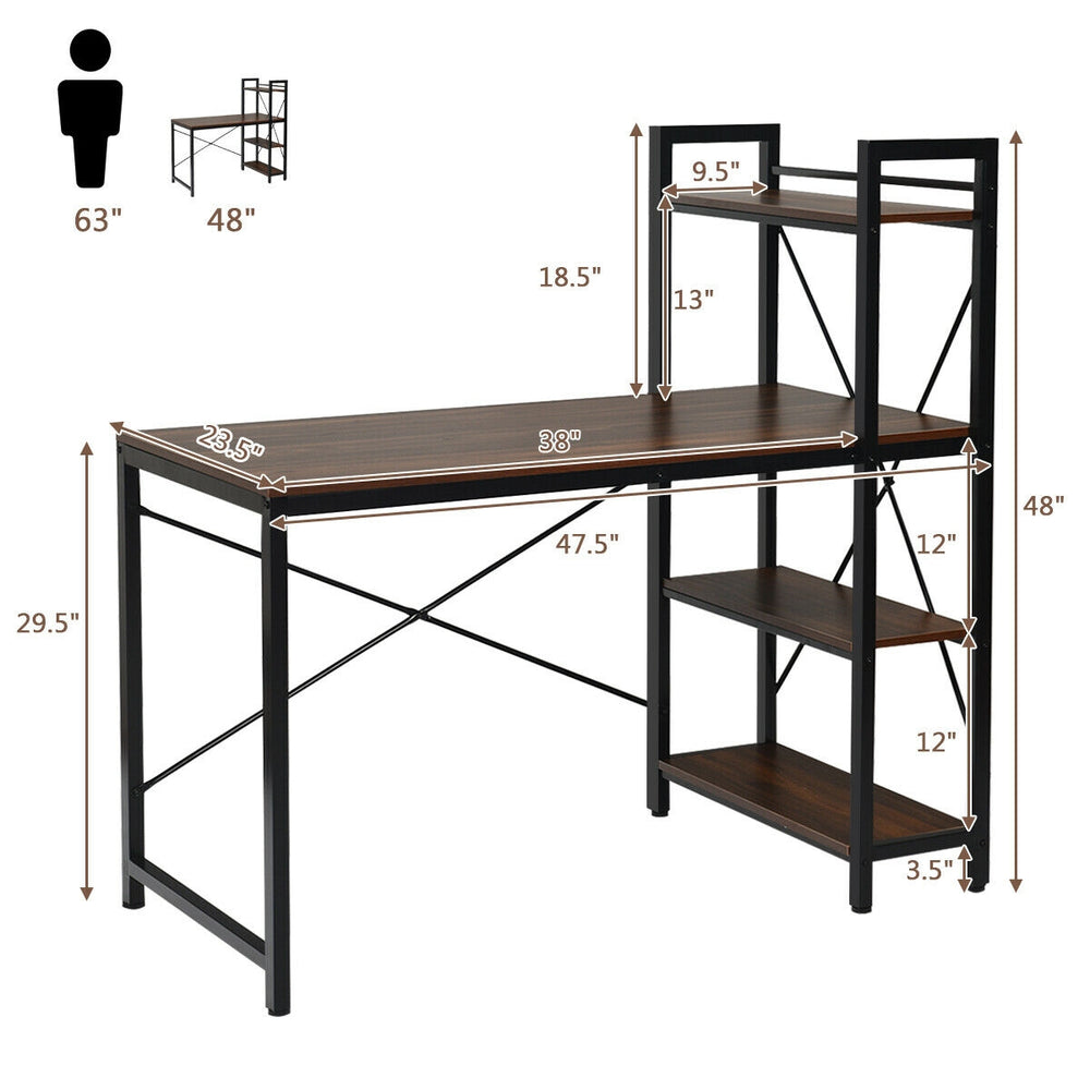 47.5-inch tan writing desk with 4-tier shelves, adjustable legs, and sturdy X-shape frame for home or office use.