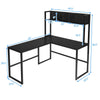 Reversible L-shaped corner desk in black with open storage hutch, ideal for multitasking in any office or room.