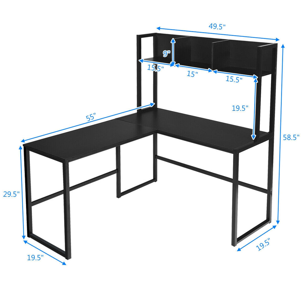Reversible L-shaped corner desk in black with open storage hutch, ideal for multitasking in any office or room.