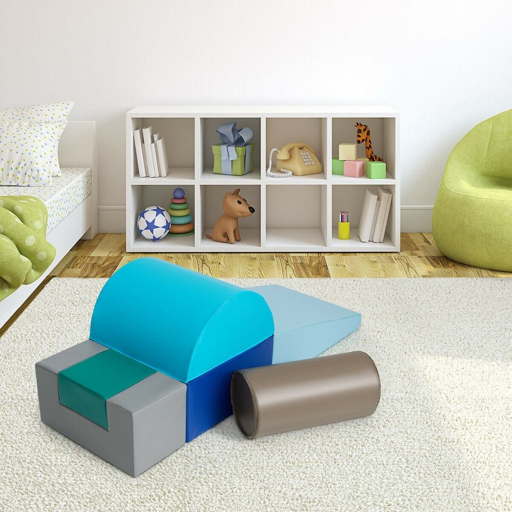 Colorful 6-piece indoor play set for toddlers, featuring soft blocks for crawling, sliding, and walking activities.