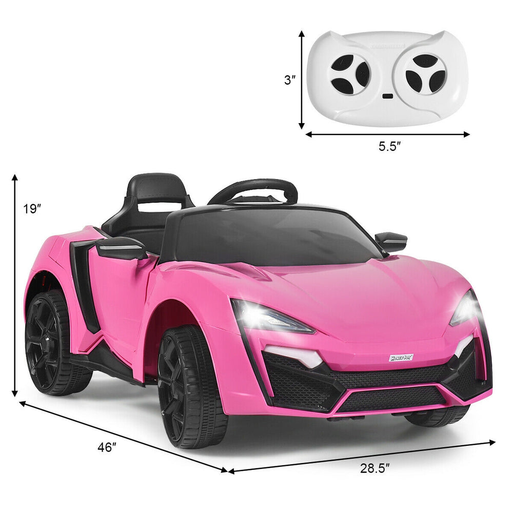 Pink 12V RC electric vehicle with parental remote control, LED lights, and spring suspension for smooth driving fun.