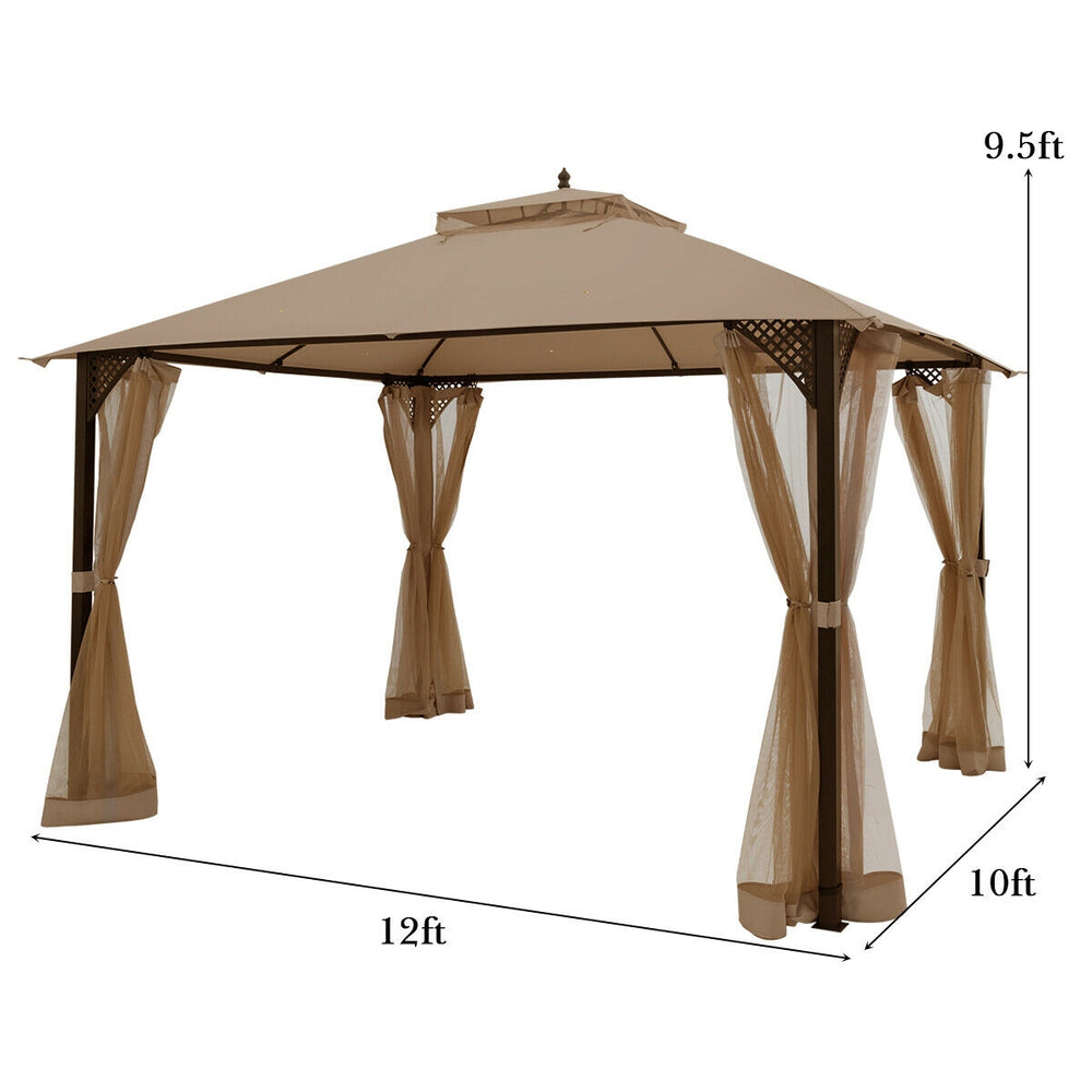 Outdoor 12x10 feet brown patio gazebo with dual-tiered roof, netting, and sturdy steel frame for gatherings and shade.