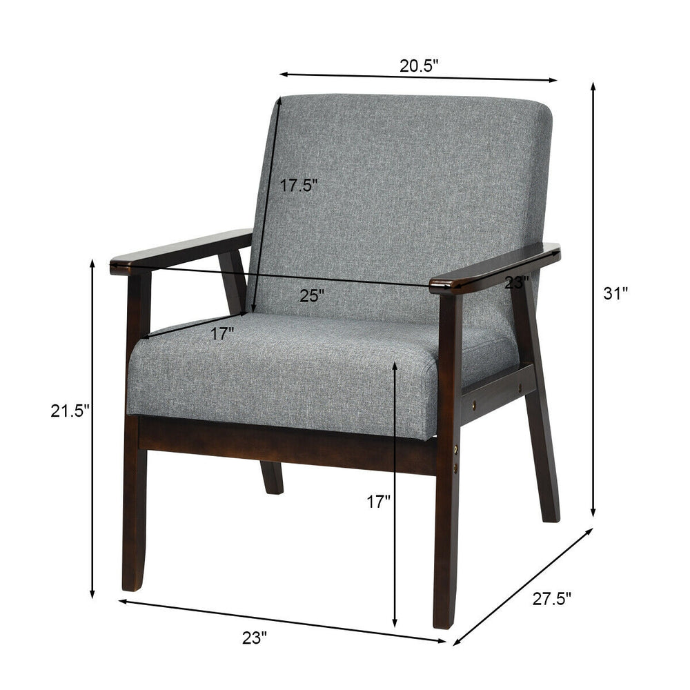 Gray accent armchair with dimensions 31" height and 23" width, featuring a sturdy rubber wood frame and thick cushion.