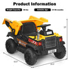 Kids ride-on dump truck in yellow with electric bucket, remote control, and LED lights for outdoor fun.