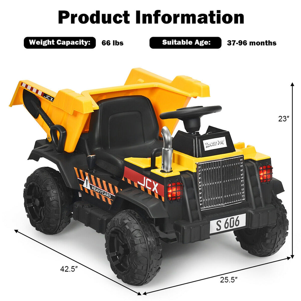Kids ride-on dump truck in yellow with electric bucket, remote control, and LED lights for outdoor fun.