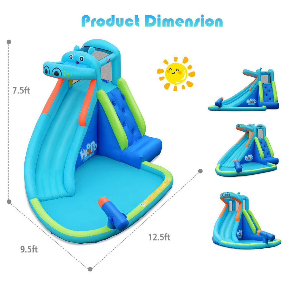 Inflatable hippo water pool with slide, 12.5ft long, features splash area and climbing wall for summer fun.