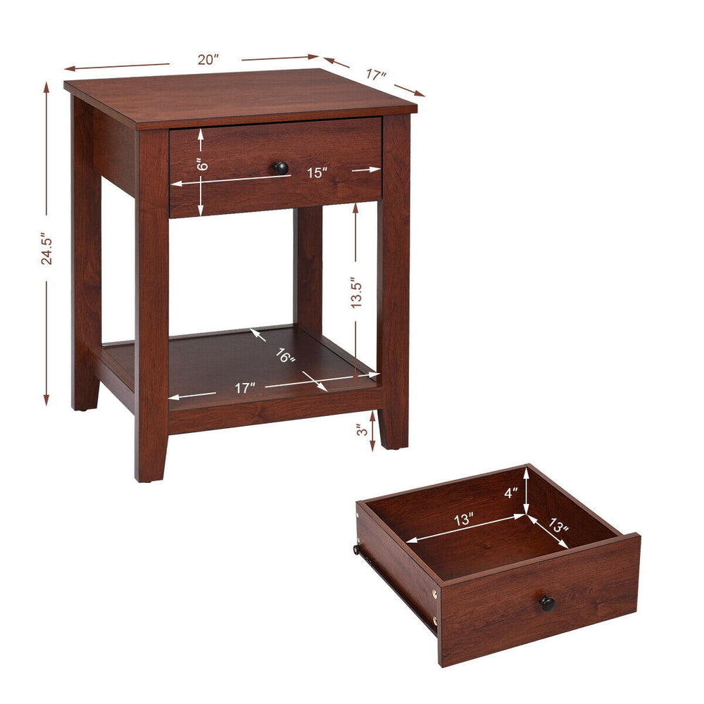 Nightstand with drawer and open shelf, made of particleboard, ideal for bedroom or living room storage solutions.