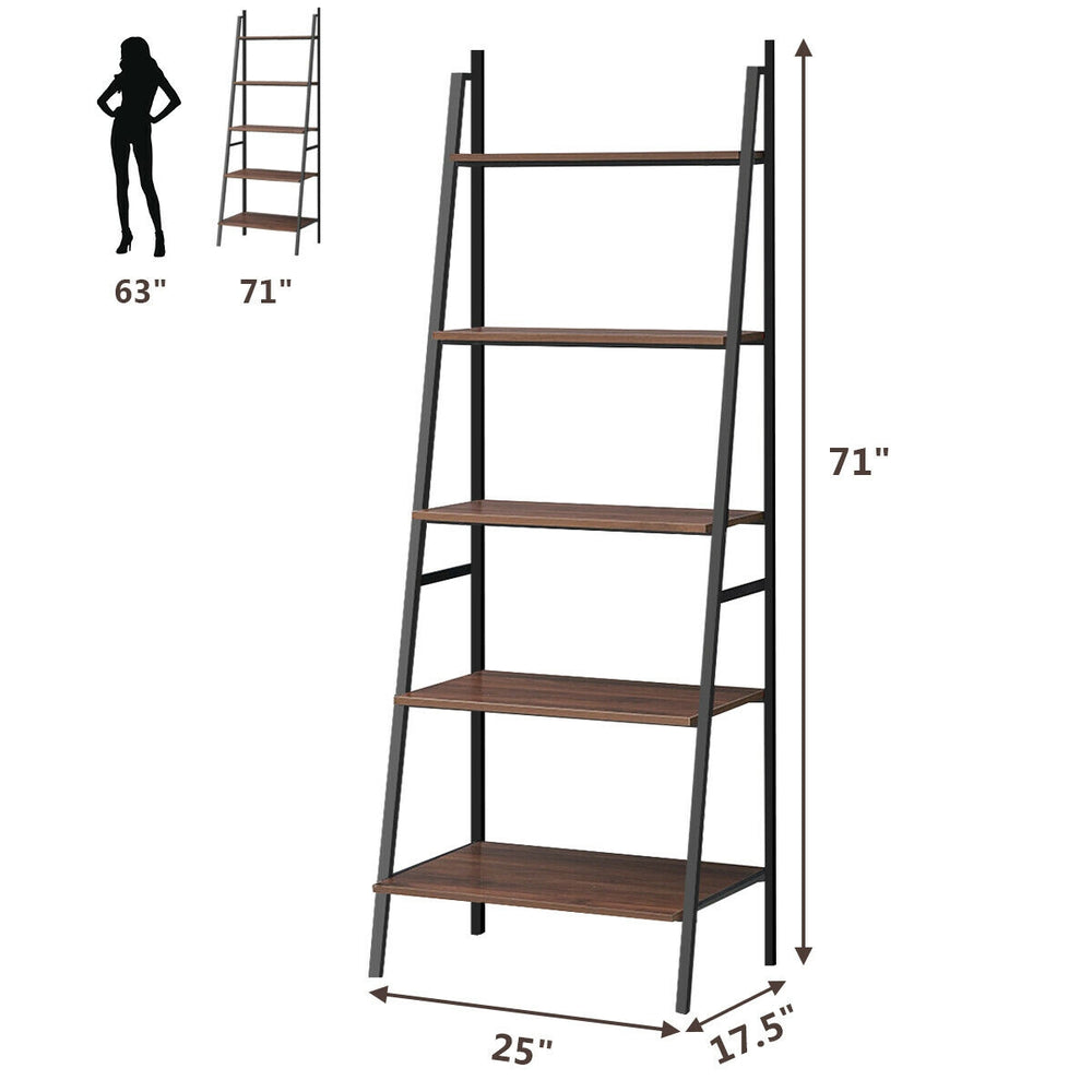 5-tier leaning bookshelf with wood shelves and metal frame, ideal for stylish storage in living room or study.