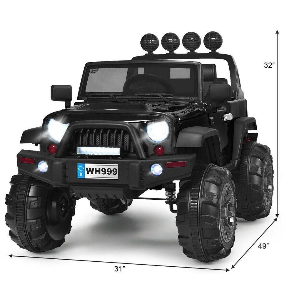 Front view of the 12V Kids Ride On Truck in black, featuring LED lights, remote control, and spacious seat for kids.