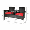 Modern patio conversation set with built-in coffee table, red cushions, and durable rattan for outdoor relaxation.
