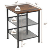 3-tier industrial end table with rustic top, heavy-duty steel frame, and adjustable mesh shelves for versatile storage.