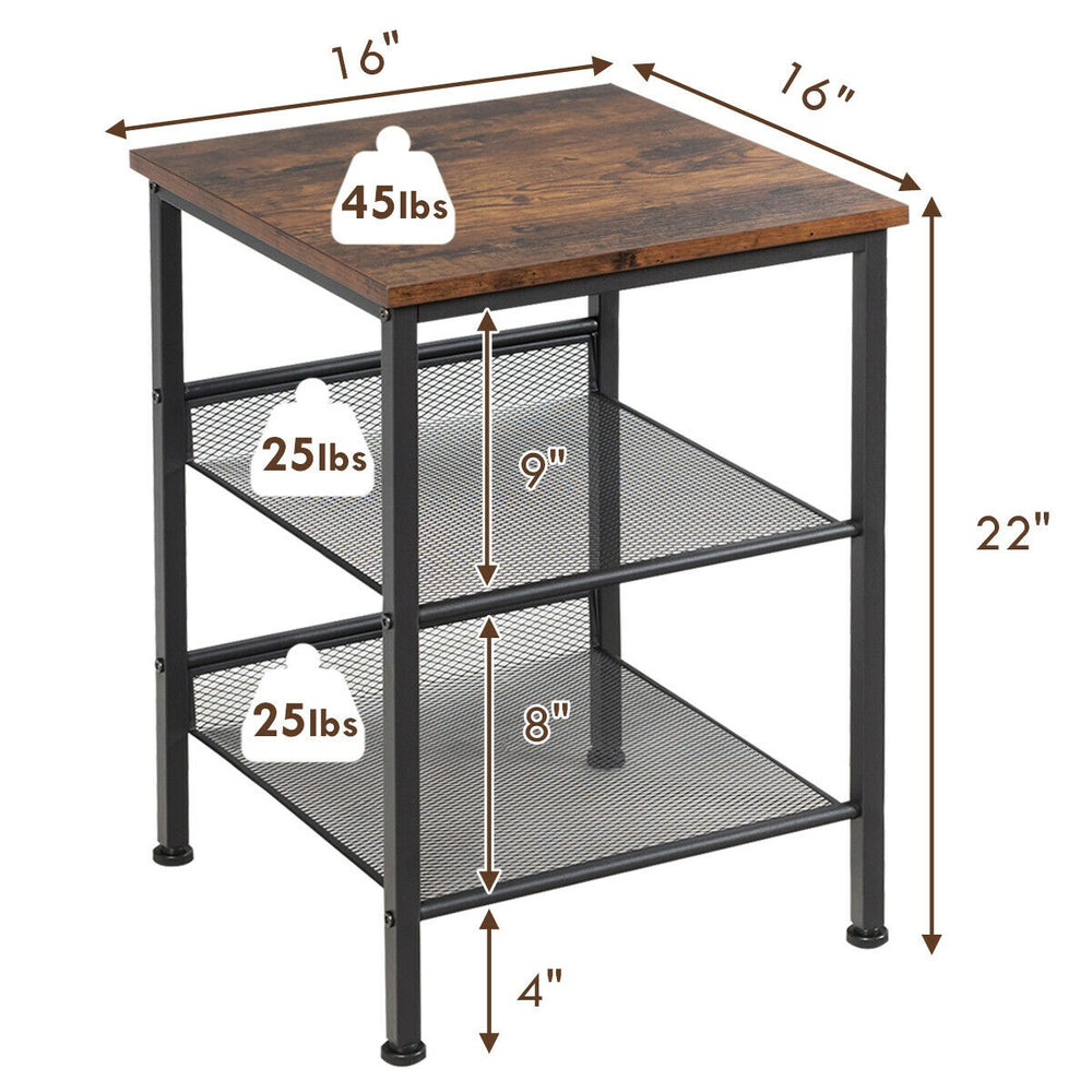 3-tier industrial end table with rustic top, heavy-duty steel frame, and adjustable mesh shelves for versatile storage.