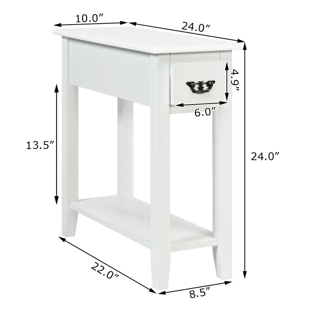 Narrow white 2-tier end table with drawer and shelf, made of P2 MDF and rubber wood, ideal for small spaces.