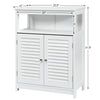 Freestanding white bathroom storage cabinet with double shutter doors and adjustable inner shelf for versatile.