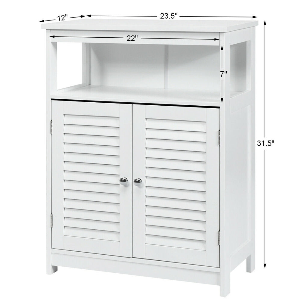 Freestanding white bathroom storage cabinet with double shutter doors and adjustable inner shelf for versatile.