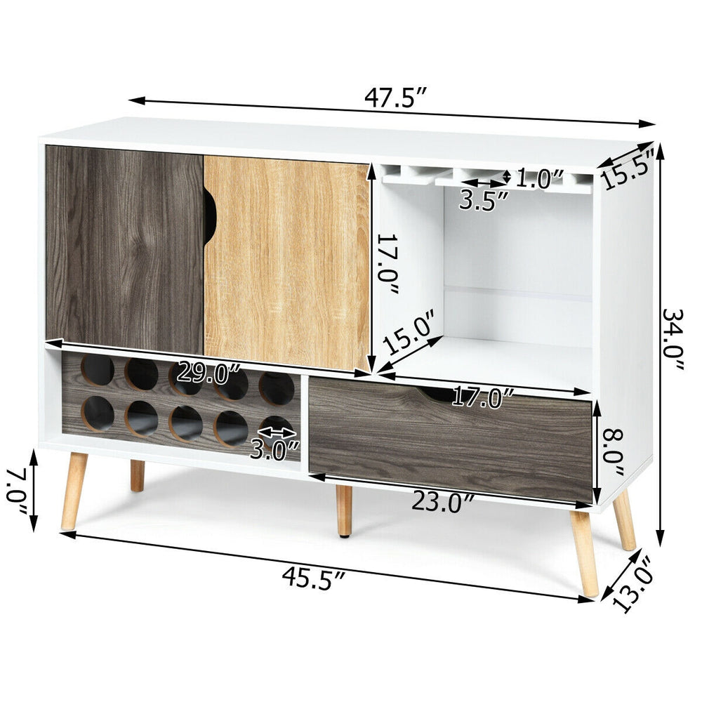 Mid-century buffet sideboard in white and wood, featuring wine rack, glass holder, and adjustable shelf for versatile.