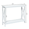 White 2-tier console table with X-design, crafted from P2 MDF, ideal for entryways or living rooms, featuring an open.
