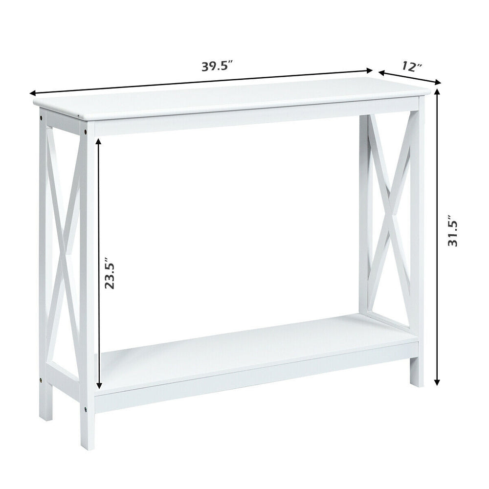 White 2-tier console table with X-design, crafted from P2 MDF, ideal for entryways or living rooms, featuring an open.