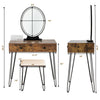 Industrial makeup dressing table in rustic brown with touch screen mirror and matching stool, ideal for bedroom use.