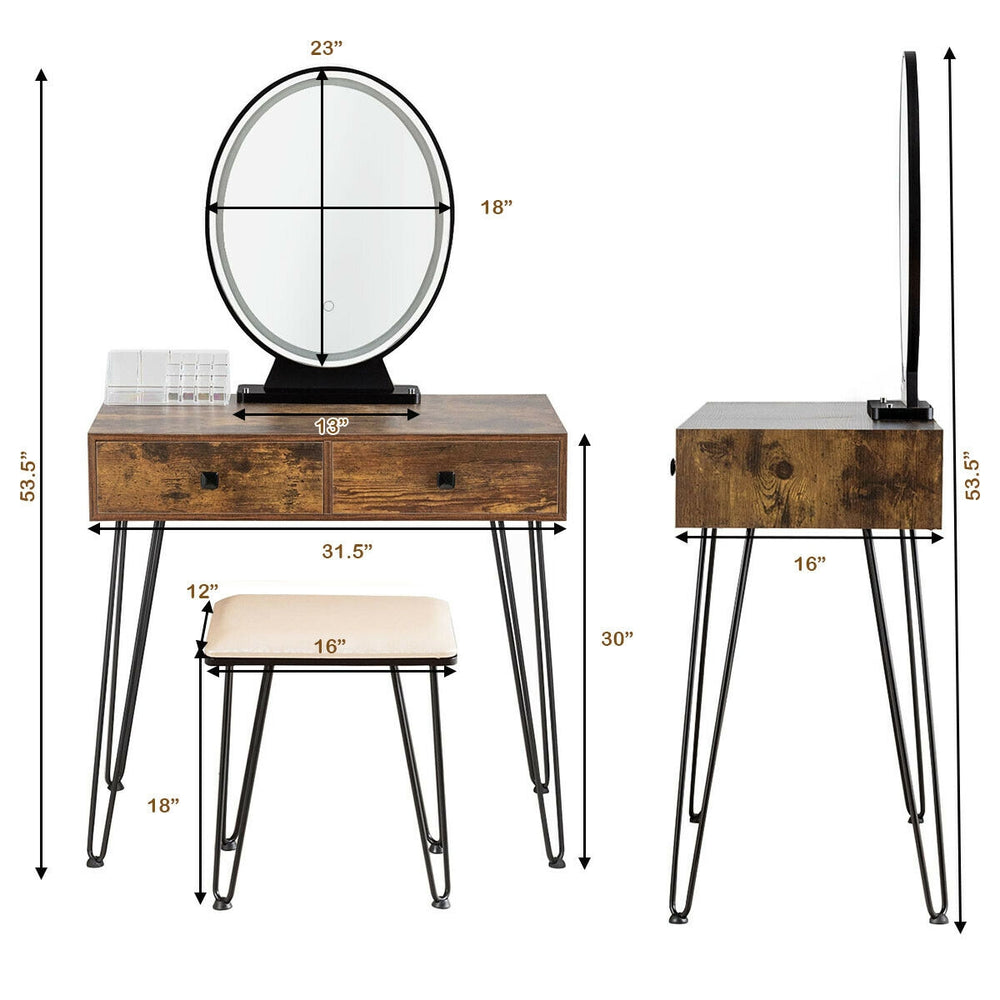 Industrial makeup dressing table in rustic brown with touch screen mirror and matching stool, ideal for bedroom use.