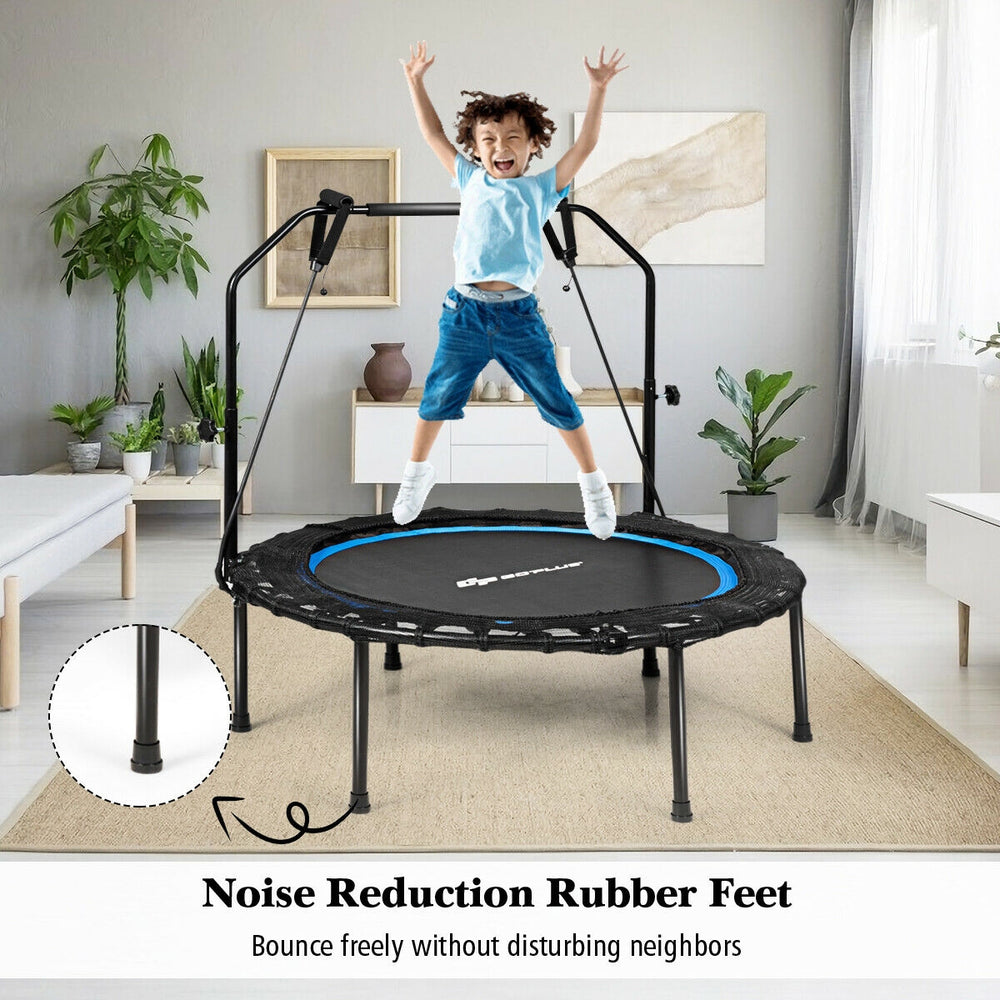 40-inch foldable fitness rebounder with resistance bands, featuring noise reduction rubber feet for quiet bouncing.