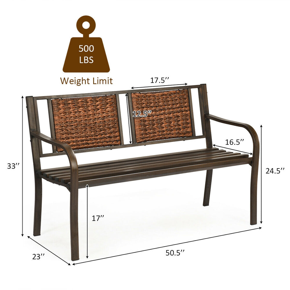 Patio garden bench with powder coated steel frame and PE rattan, ideal for outdoor relaxation in backyard or garden.