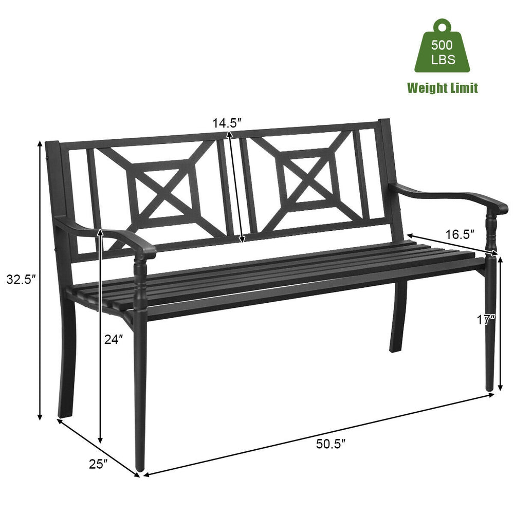 Patio garden bench with powder coated steel frame, ergonomic armrests, and classic design, ideal for outdoor spaces.