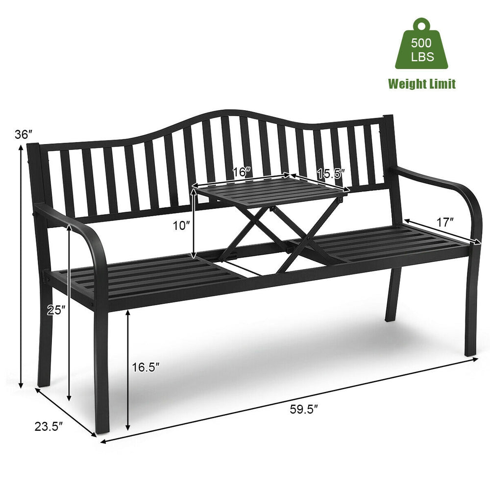 Patio garden bench with adjustable center table, made of rustproof steel, supports 500lbs, ideal for outdoor relaxation.