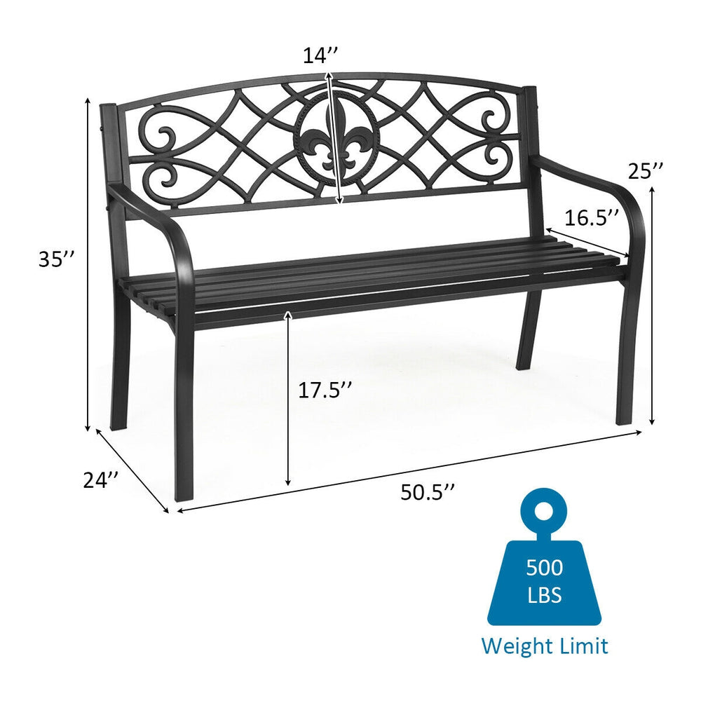 50-inch heavy-duty metal garden bench with modern backrest, accommodating 2-3 adults, ideal for outdoor spaces.