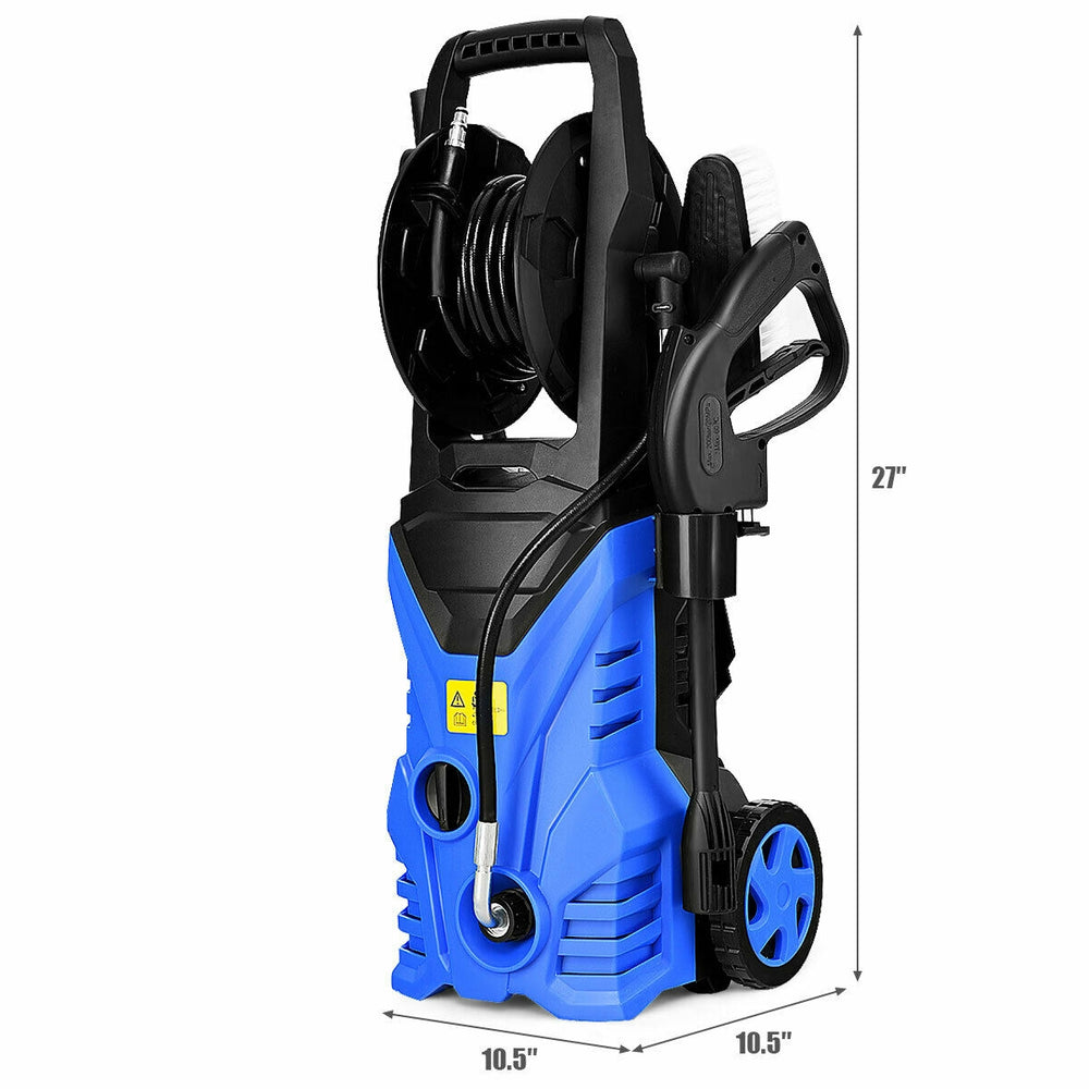 Electric pressure washer in blue, 1800W, 2030 PSI, with hose reel, ideal for cleaning patios, cars, and outdoor.