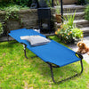 Portable folding camping cot with blue 600D Oxford cloth and sturdy iron frame, ideal for outdoor travel and relaxation.