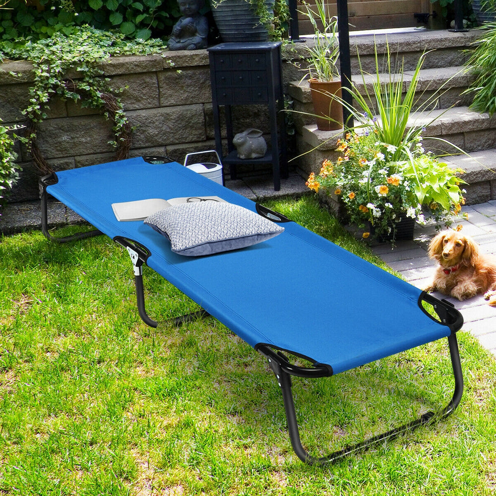 Portable folding camping cot with blue 600D Oxford cloth and sturdy iron frame, ideal for outdoor travel and relaxation.