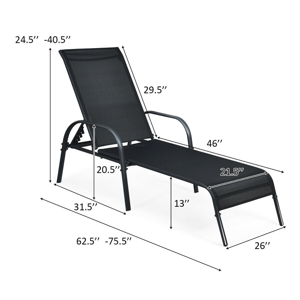 Adjustable black patio chaise lounge chair with five backrest positions, perfect for poolside or garden relaxation.