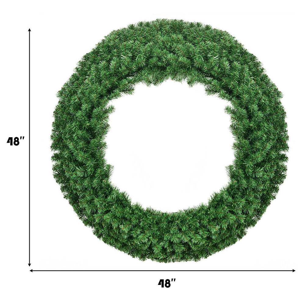 48-inch pre-lit cordless artificial Christmas wreath with 200 LED lights, featuring a lush green design for festive.