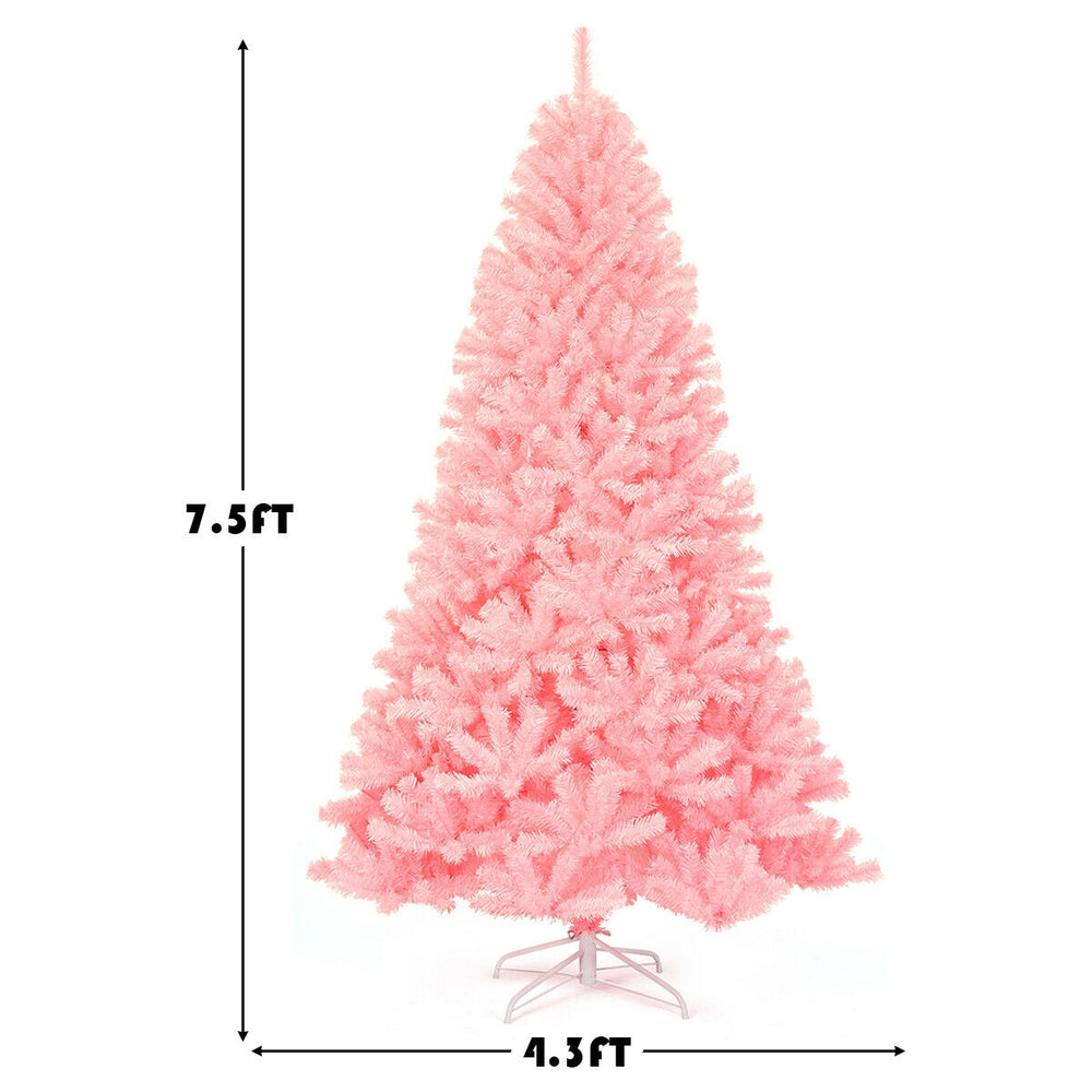 Full view of a 7.5ft pink hinged artificial Christmas tree with a sturdy metal stand, perfect for festive decorations.