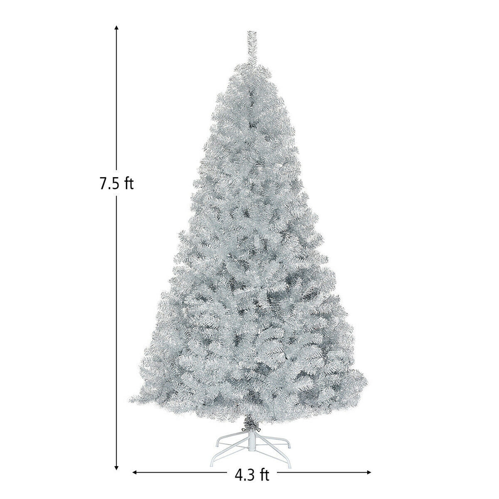 7.5 ft silver tinsel Christmas tree with 1258 branch tips, perfect for indoor and outdoor holiday decoration.