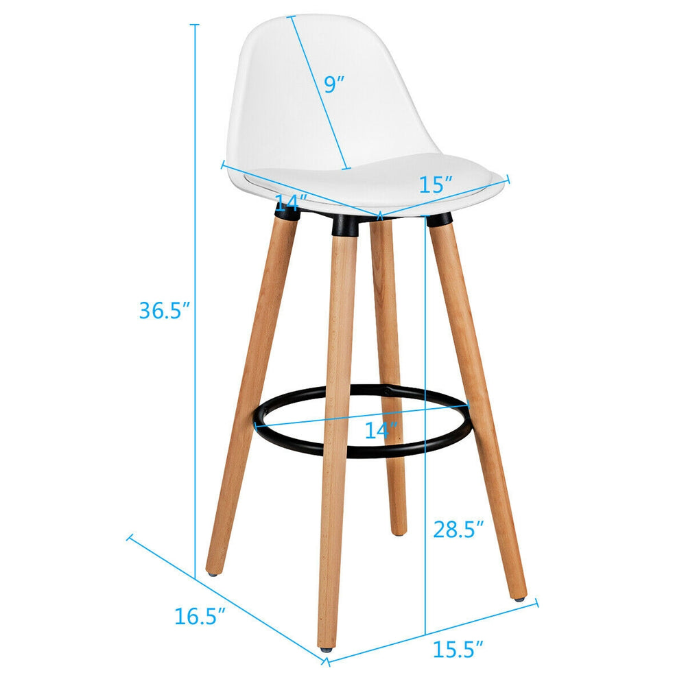 White mid-century barstool with beech wood legs, 28.5 inches high, featuring a padded seat and metal footrest for.