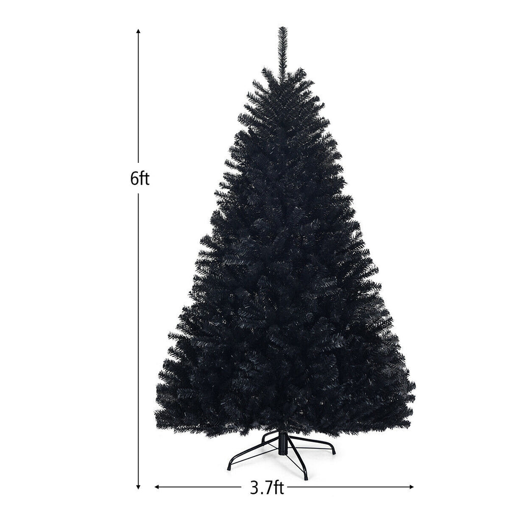 Black 6ft hinged artificial Christmas tree with 1036 branch tips, perfect for customizable holiday decor indoors or.