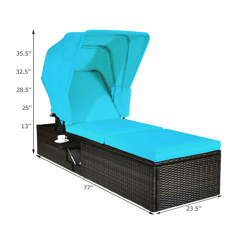 Turquoise outdoor chaise lounge chair with adjustable backrest and removable cover, made of weather-resistant PE rattan.