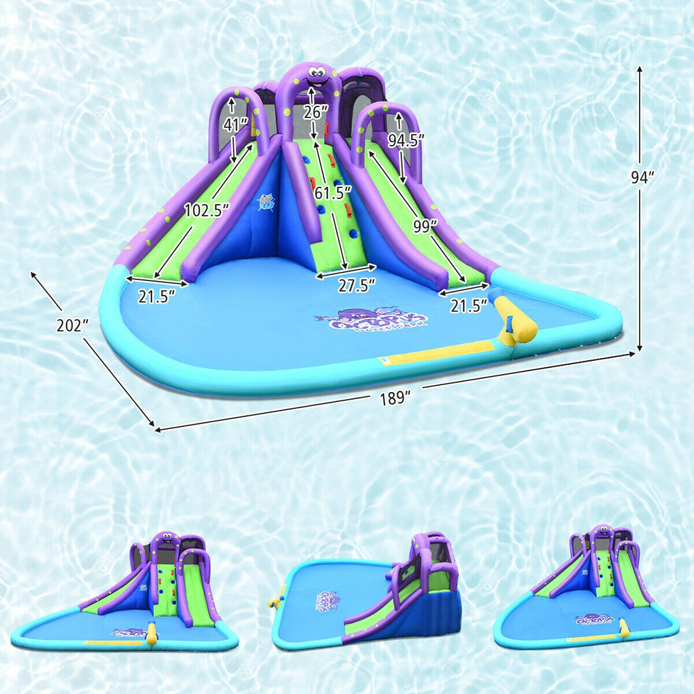 Inflatable water park with octopus design, featuring slides, pool, and water cannon for backyard summer fun.