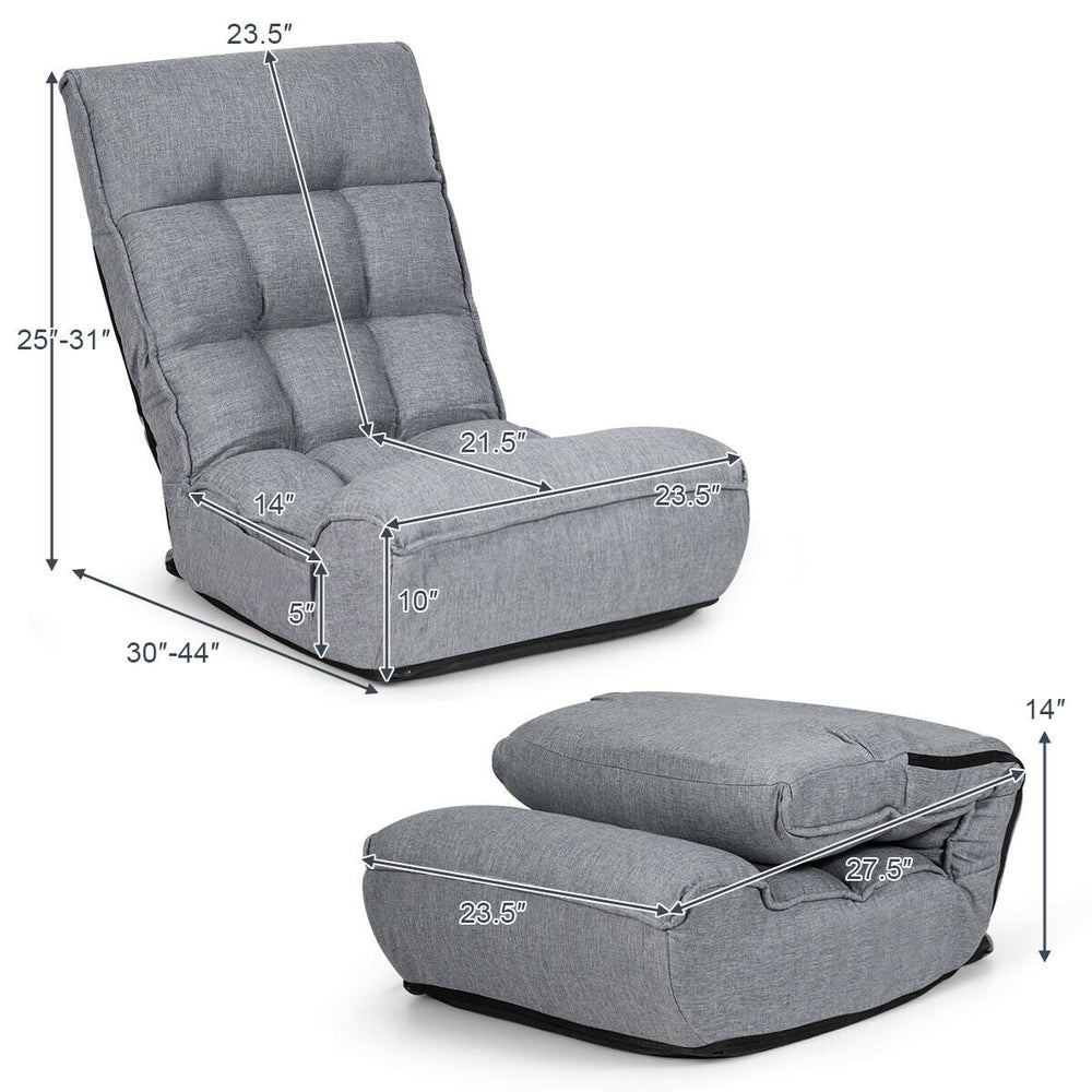 Adjustable gray floor chair with four positions, featuring a sturdy steel frame for gaming, TV watching, or reading.