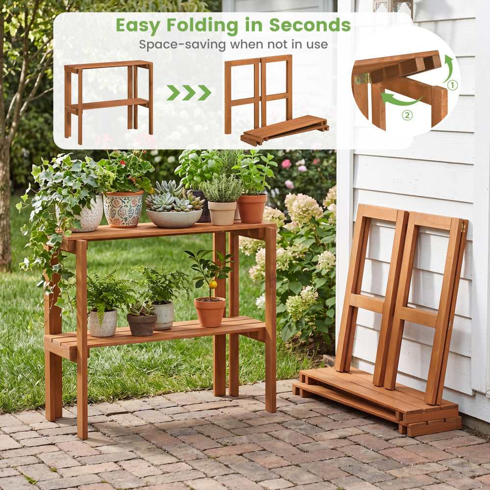 2-tier folding wooden storage shelf with slatted design, waterproof finish, perfect for plants or entryway organization.