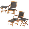 Folding lounge chair set with retractable ottoman and acacia wood table, ideal for patio and garden relaxation.