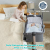 Height adjustable dark gray baby side crib with music box and toys, perfect for co-sleeping and nighttime care.